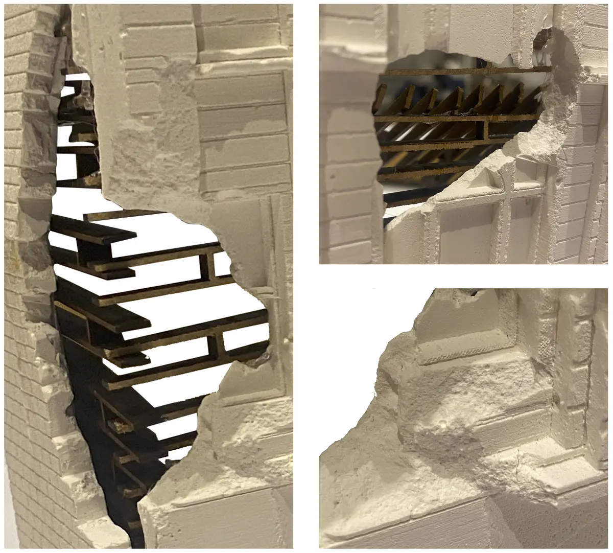 This building has been chosen due to the clear retrofit it has already undergone. The building has two halves, a modern function on street level with roller shutter doors. These doors seem very out of place as they are not shy in hiding their presence. Then the top half is traditional stone and mortar with some elements of detailing around the windows. I wonder what the addition would look like with the zero- carbon material repair pallet. - Ryan Cooksey Building 2 Model 5.png